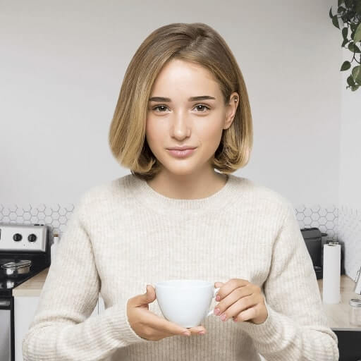 blonde woman holding a cup in a kitchen
